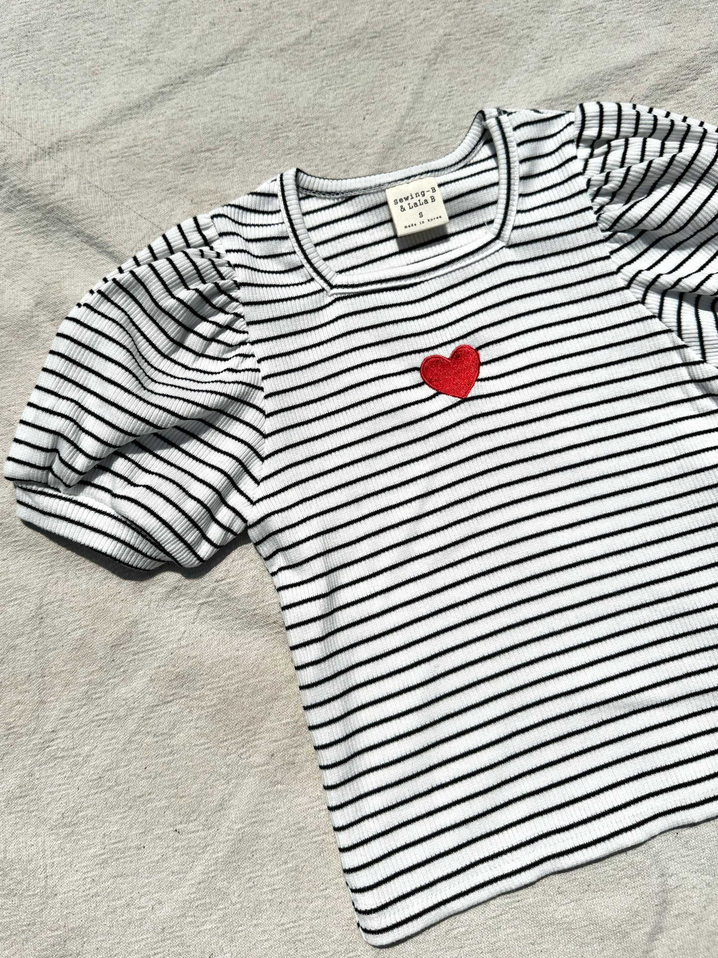 Puff Sleeve Heart Tee in Black Stripe