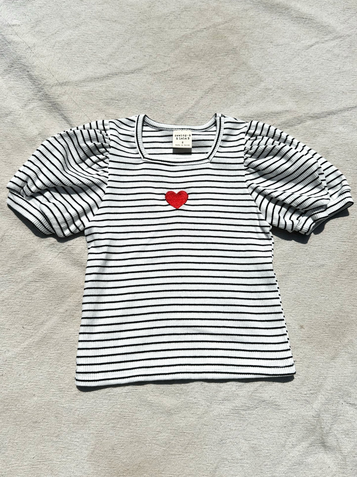 Puff Sleeve Heart Tee in Black Stripe