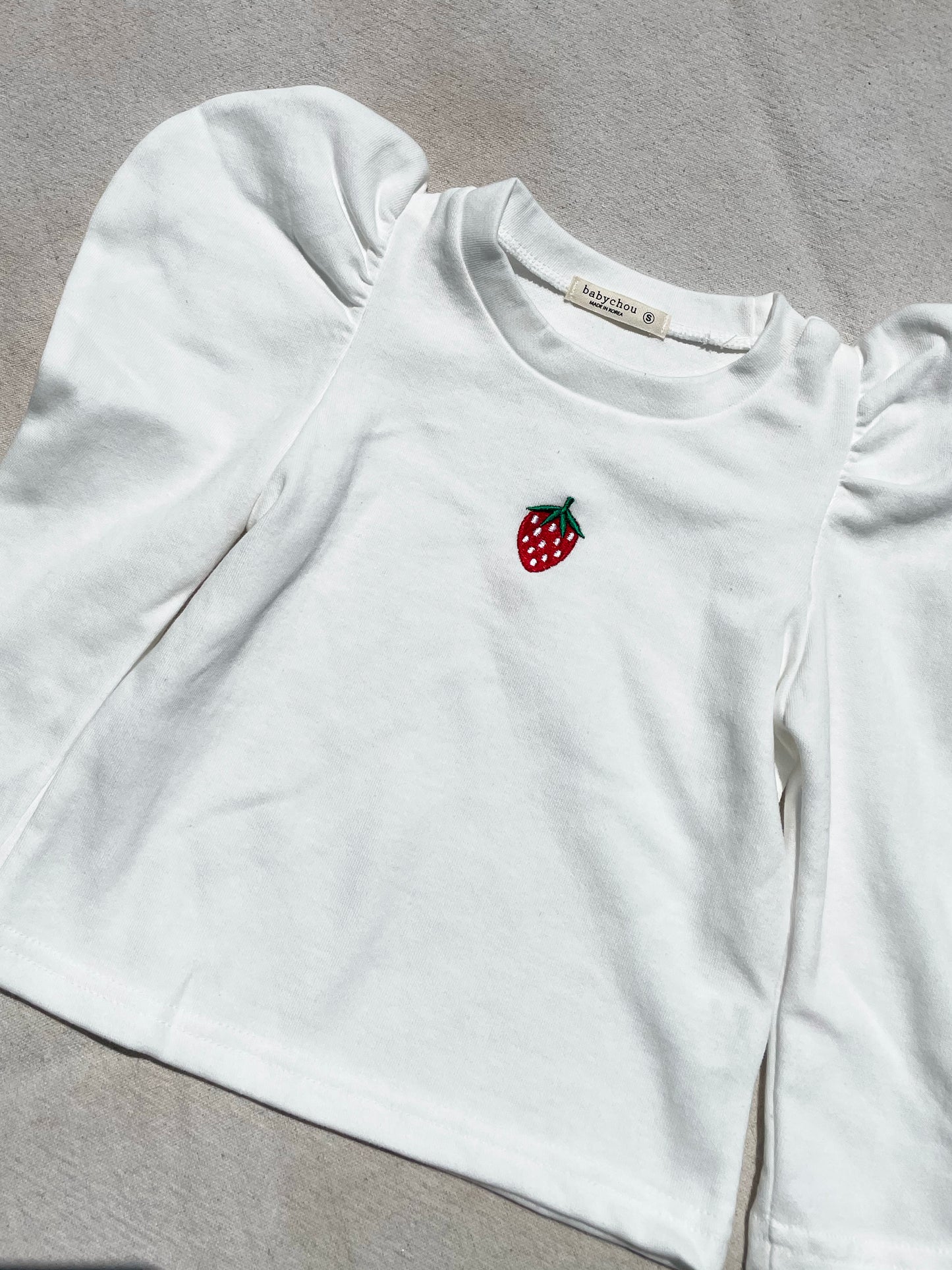 Strawberry Long Sleeve Puff Shoulder Top in White