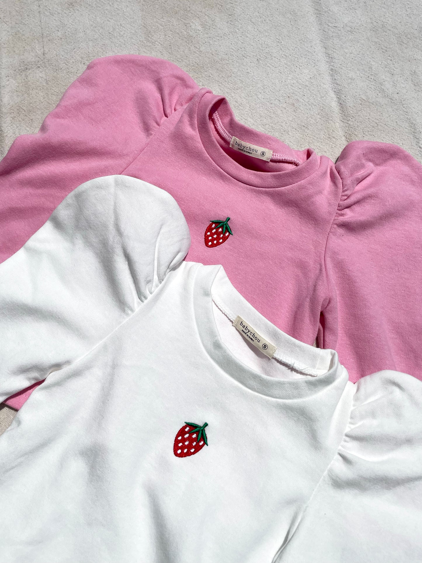 Strawberry Long Sleeve Puff Shoulder Top in Pink