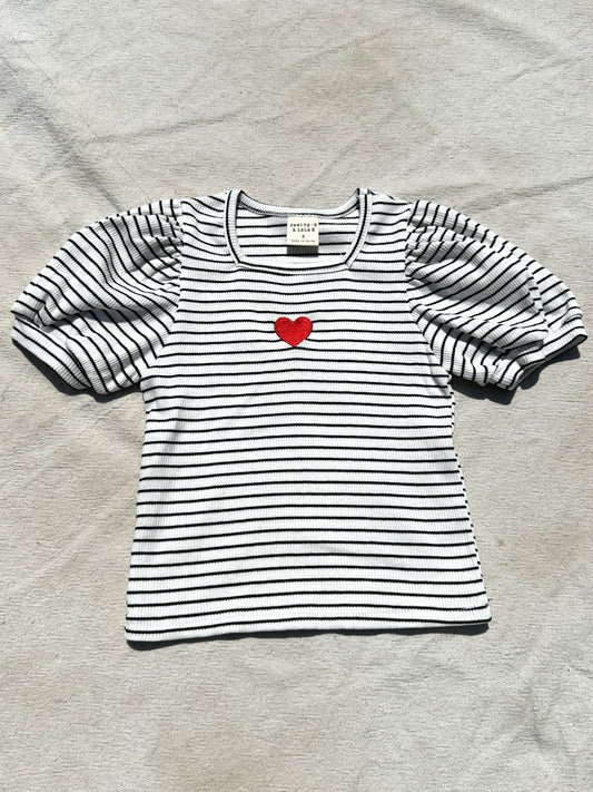 Puff Sleeve Heart Tee in Black Stripe