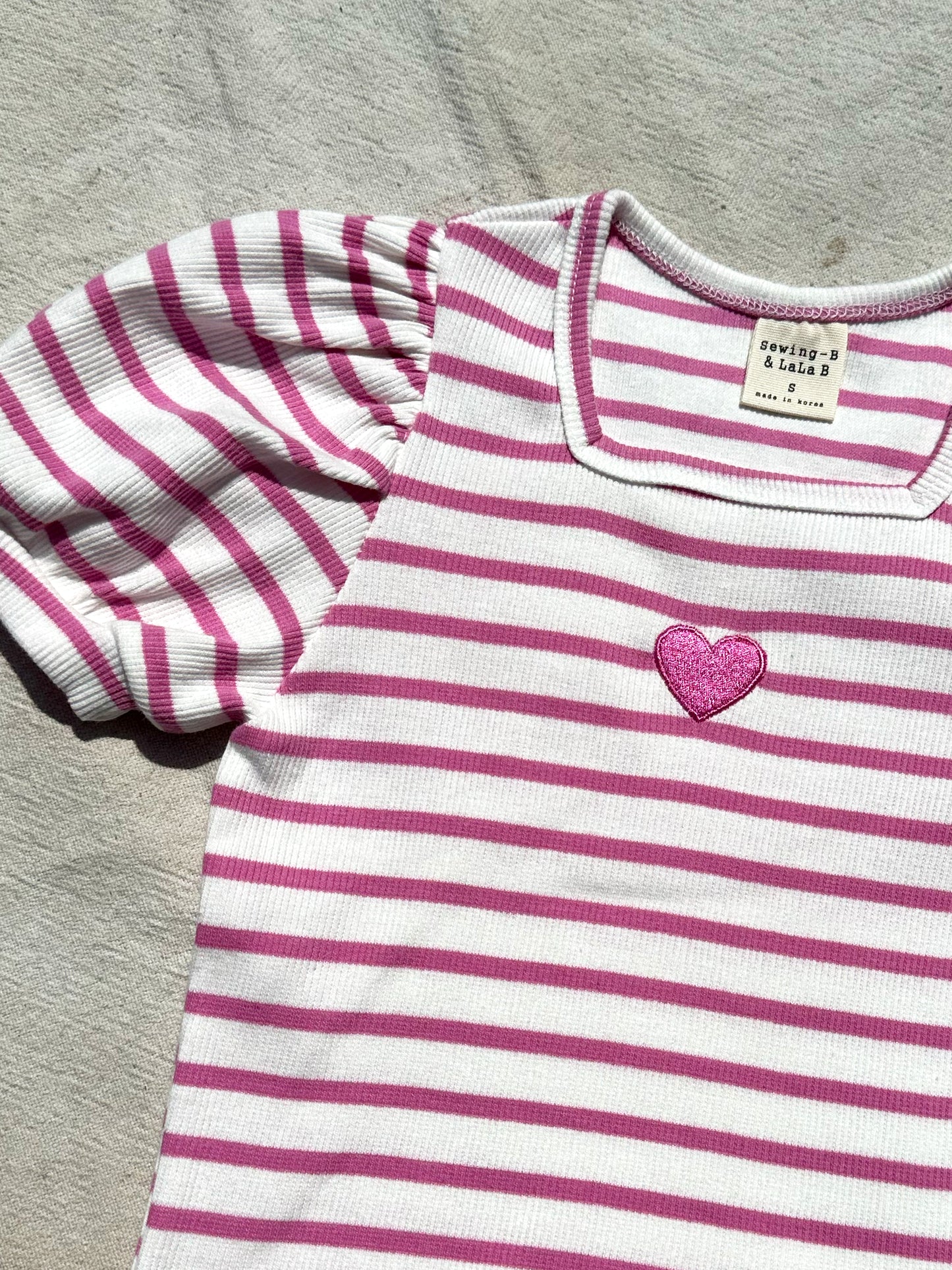 Puff Sleeve Heart Tee in Pink Stripe