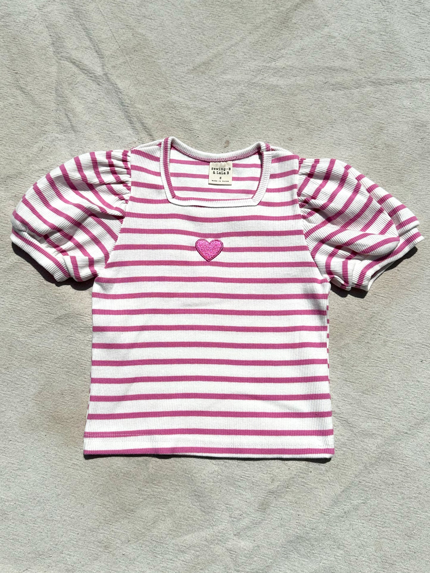 Puff Sleeve Heart Tee in Pink Stripe