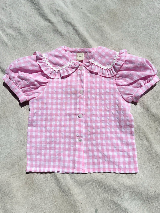 Ruffle Sailor Button Up in Pink Gingham