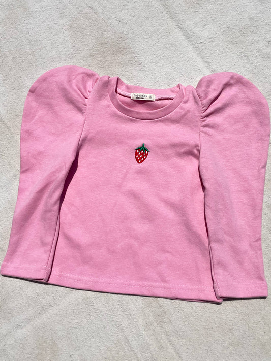 Strawberry Long Sleeve Puff Shoulder Top in Pink